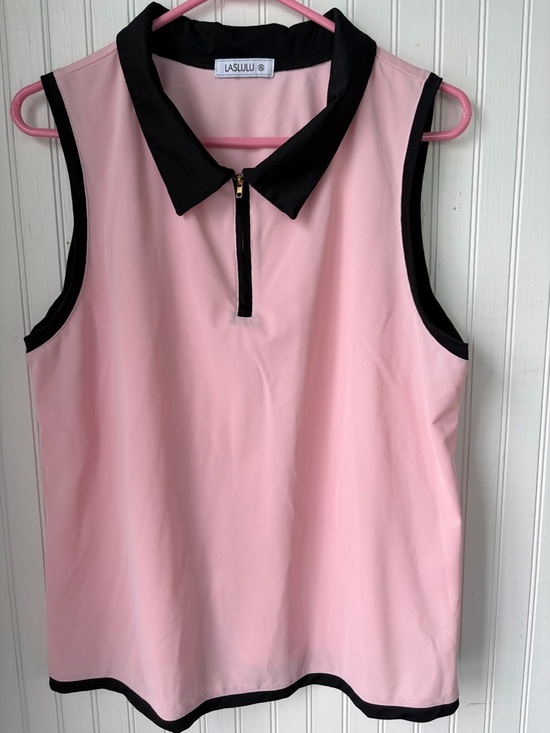 Laslulu Tops - Laslulu XL)  athletica Pink Sleeveless Zip Polo with Black Trim
